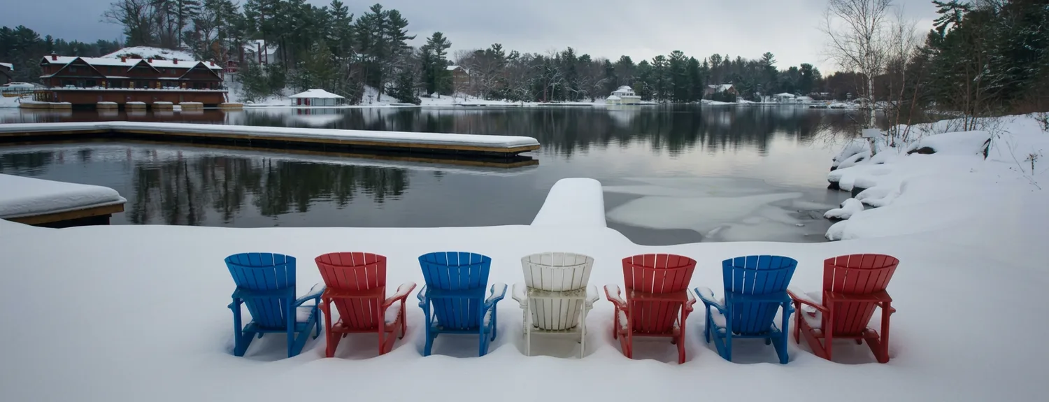 Muskoka chairs in the snow on a frozen lake